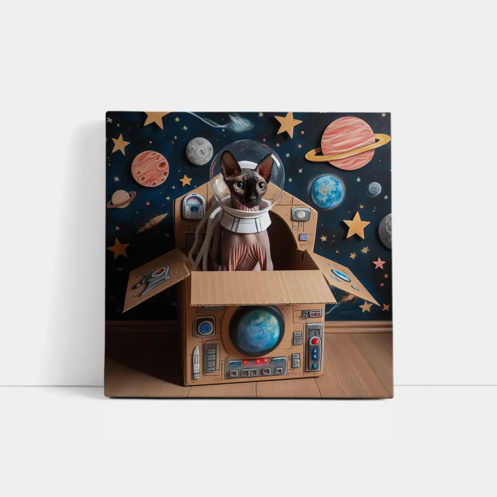 Sphynx Cat Astronaut Cardboard Spaceship Space – Wall Art