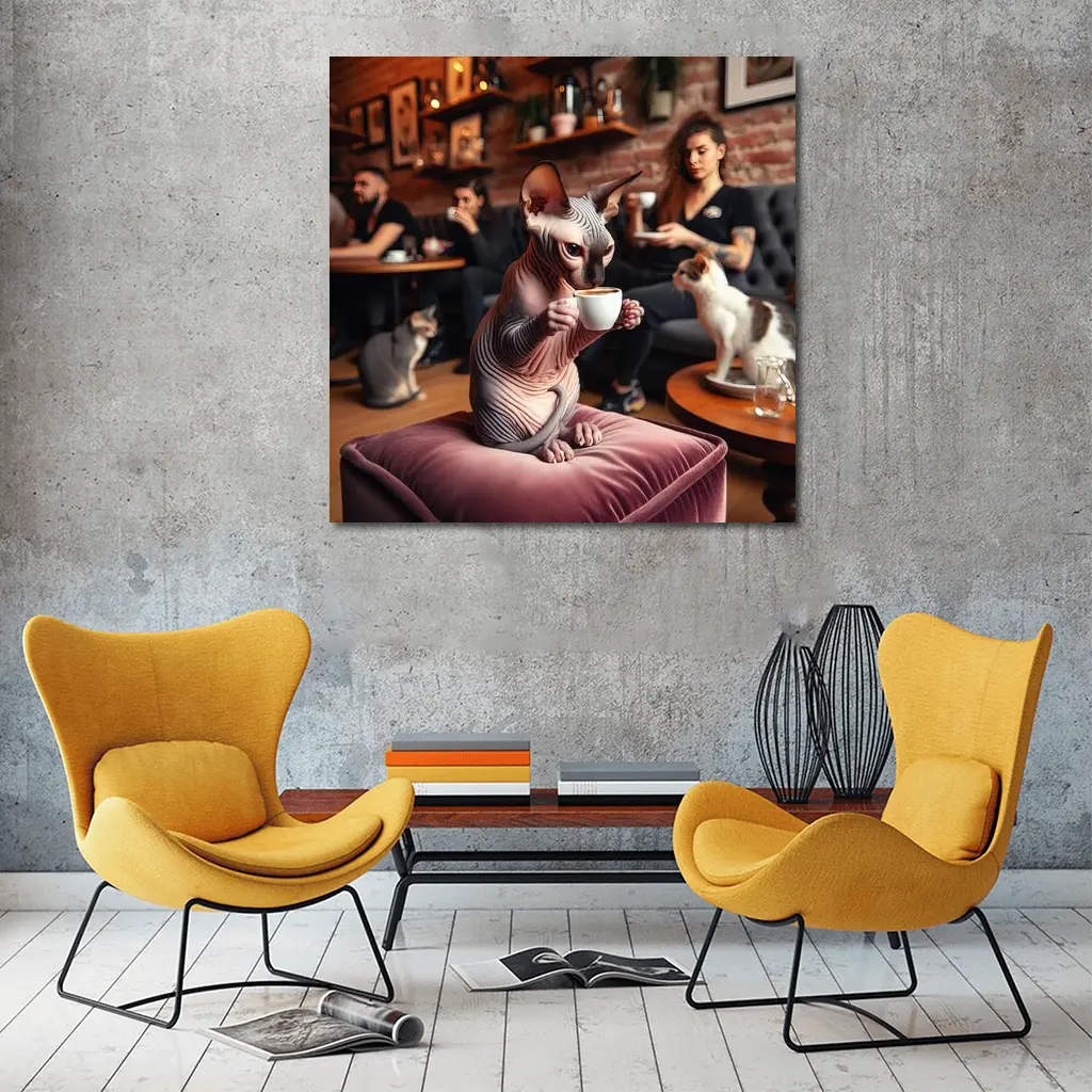 Sphynx Cat Drinking Coffee In Cafe – Wall Art
