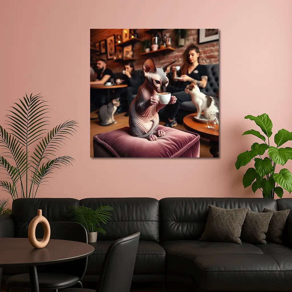 Sphynx Cat Drinking Coffee In Cafe – Wall Art
