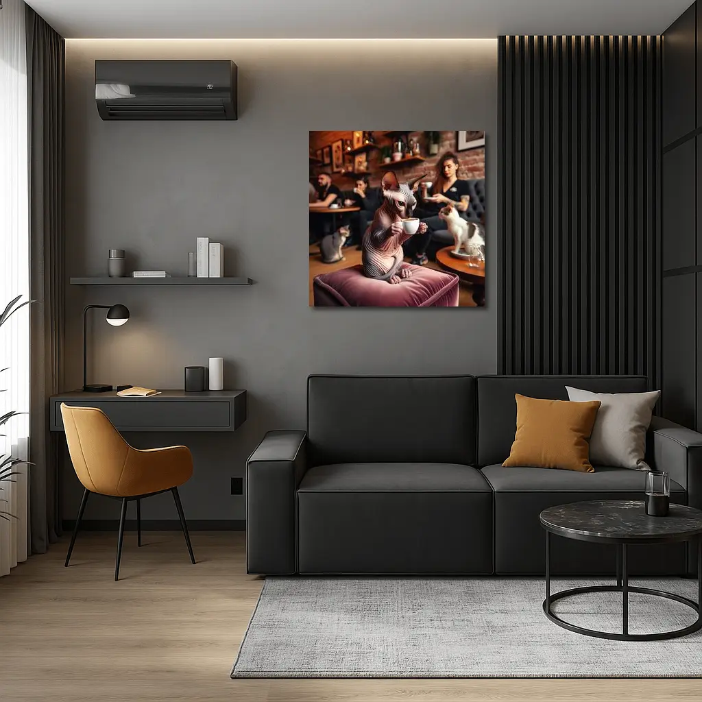 Sphynx Cat Drinking Coffee In Cafe – Wall Art