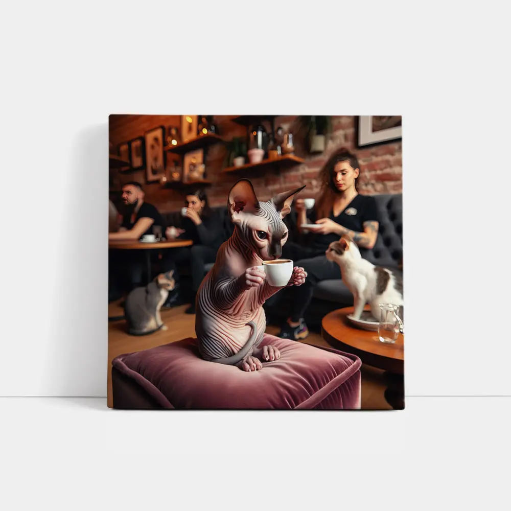Sphynx Cat Drinking Coffee In Cafe – Wall Art