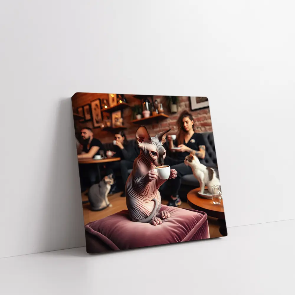 Sphynx Cat Drinking Coffee In Cafe – Wall Art