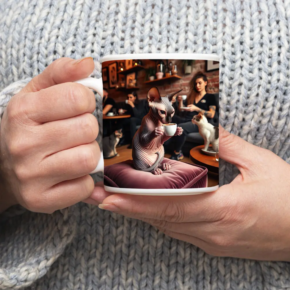 Sphynx Cat Drinking Coffee In Cafe – Mugs