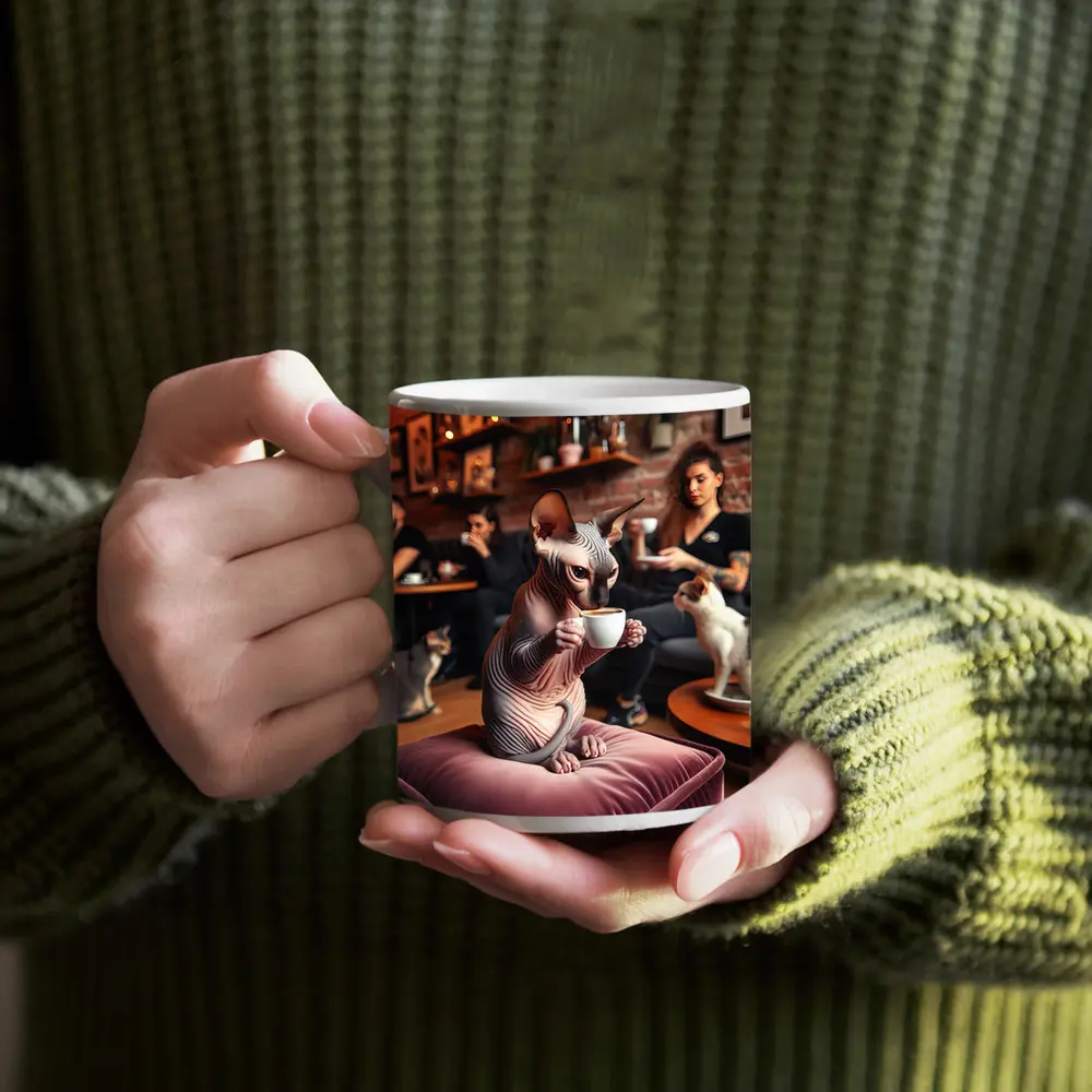 Sphynx Cat Drinking Coffee In Cafe – Mugs