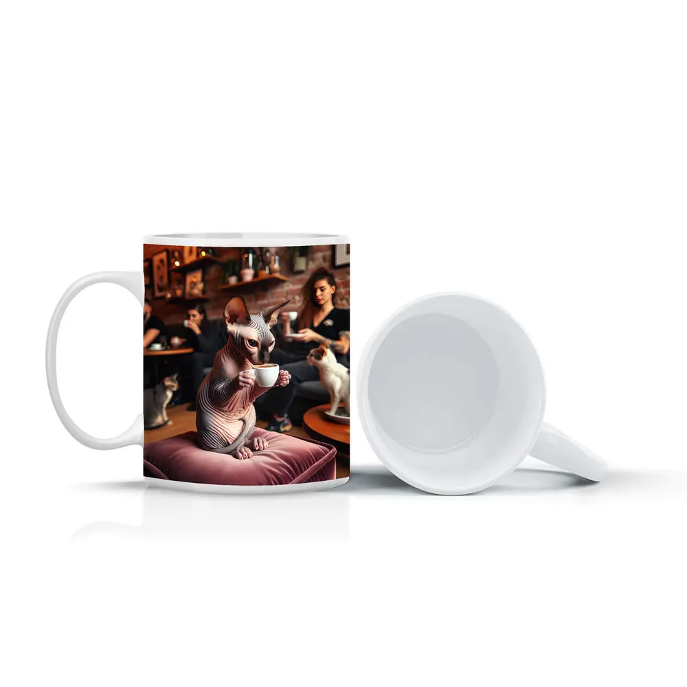 Sphynx Cat Drinking Coffee In Cafe – Mugs