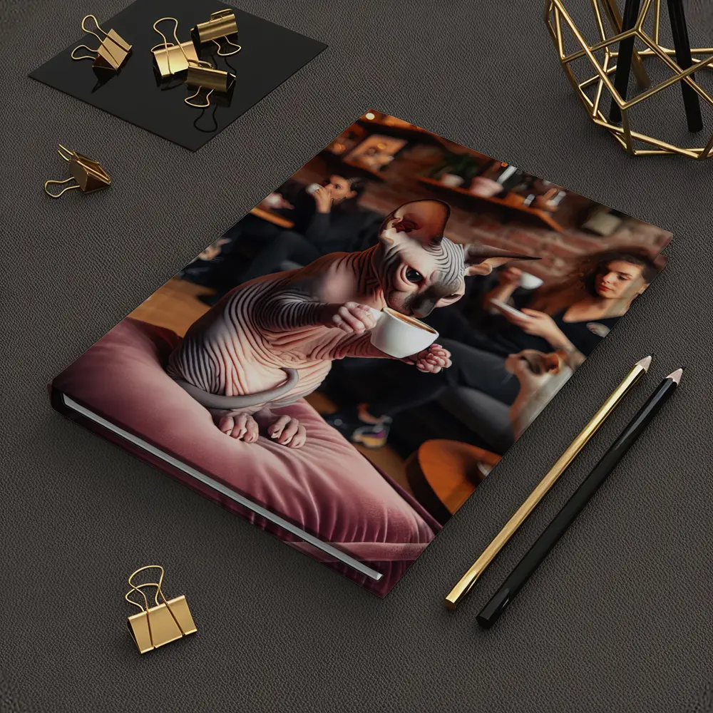 Sphynx Cat Drinking Coffee In Cafe – Notebooks