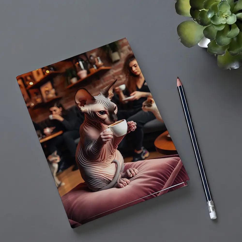 Sphynx Cat Drinking Coffee In Cafe – Notebooks