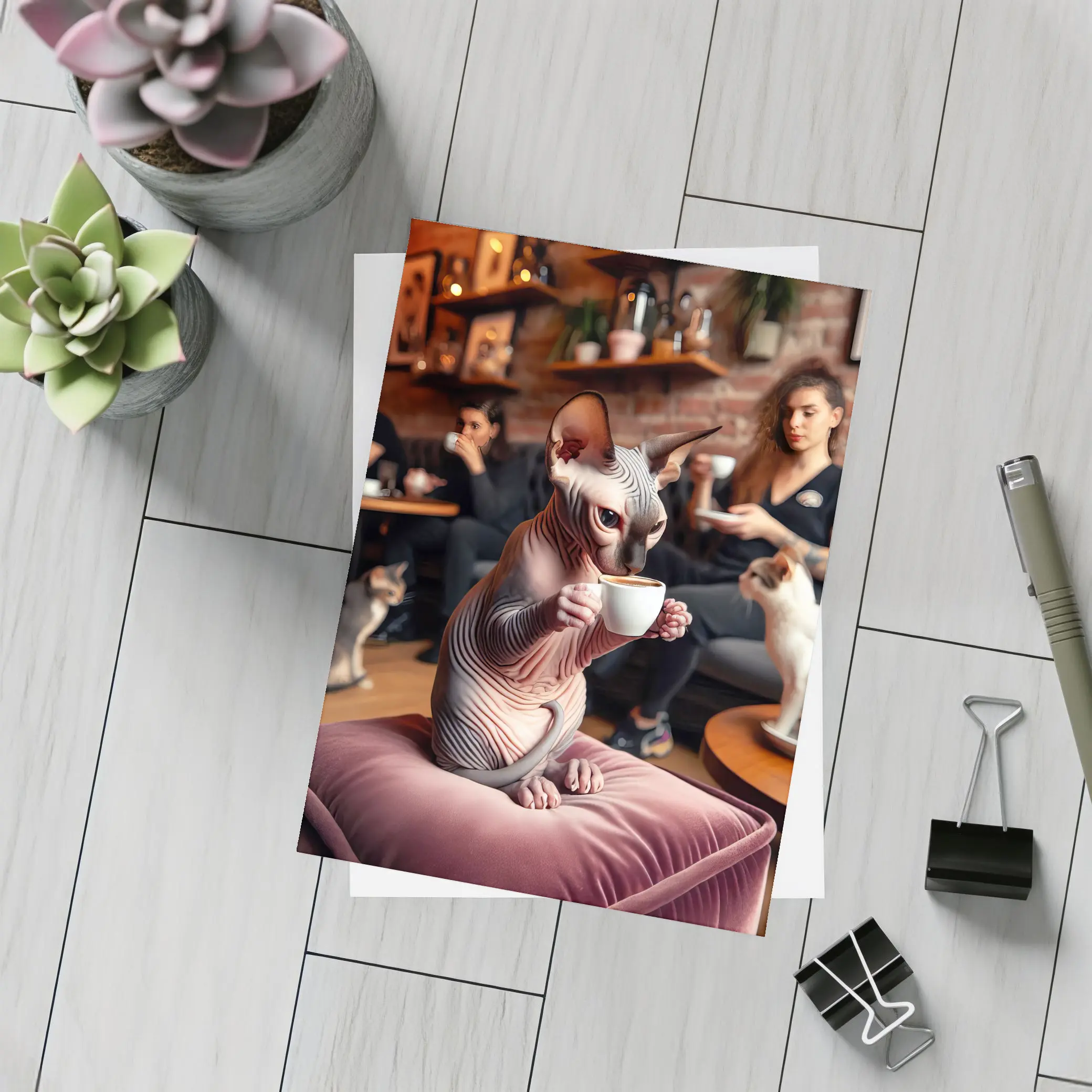 Sphynx Cat Drinking Coffee In Cafe – Postcards