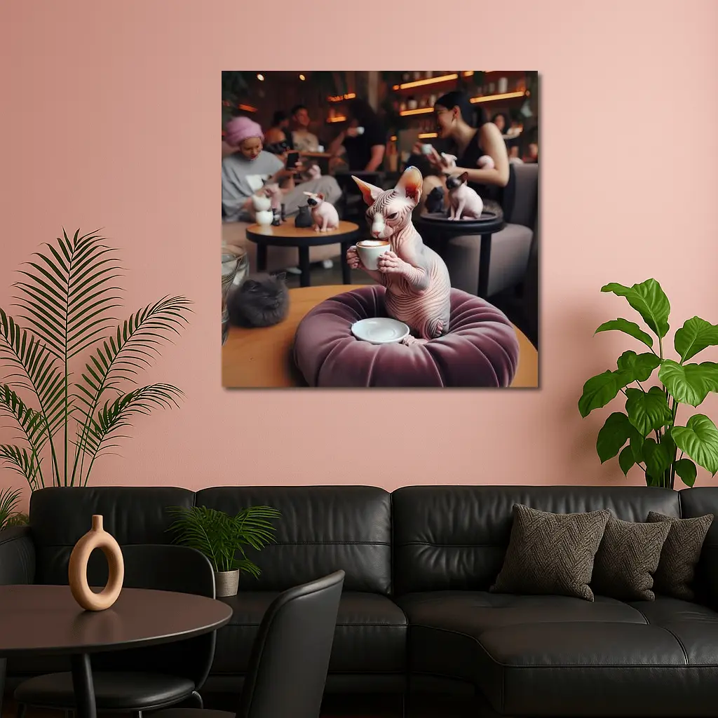 Sphynx Cat Drinking Coffee In Cafe – Wall Art