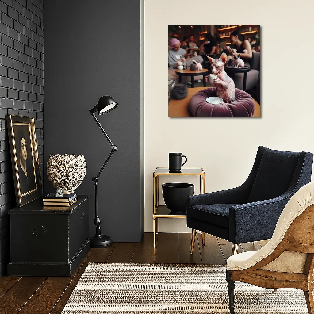 Sphynx Cat Drinking Coffee In Cafe – Wall Art