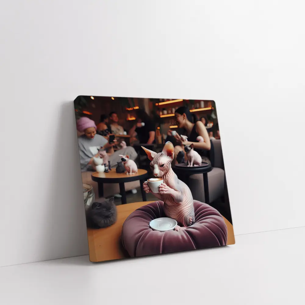Sphynx Cat Drinking Coffee In Cafe – Wall Art