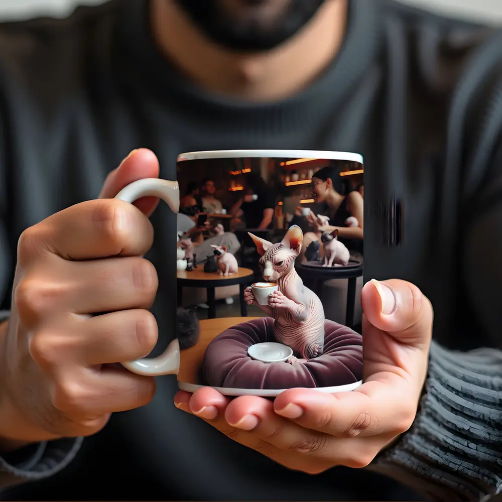 Sphynx Cat Drinking Coffee In Cafe – Mugs