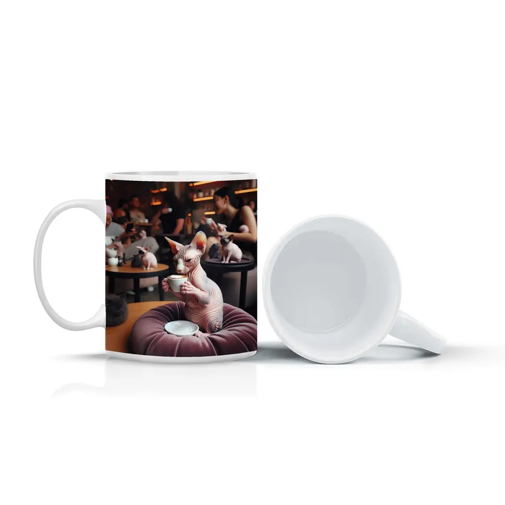 Sphynx Cat Drinking Coffee In Cafe – Mugs