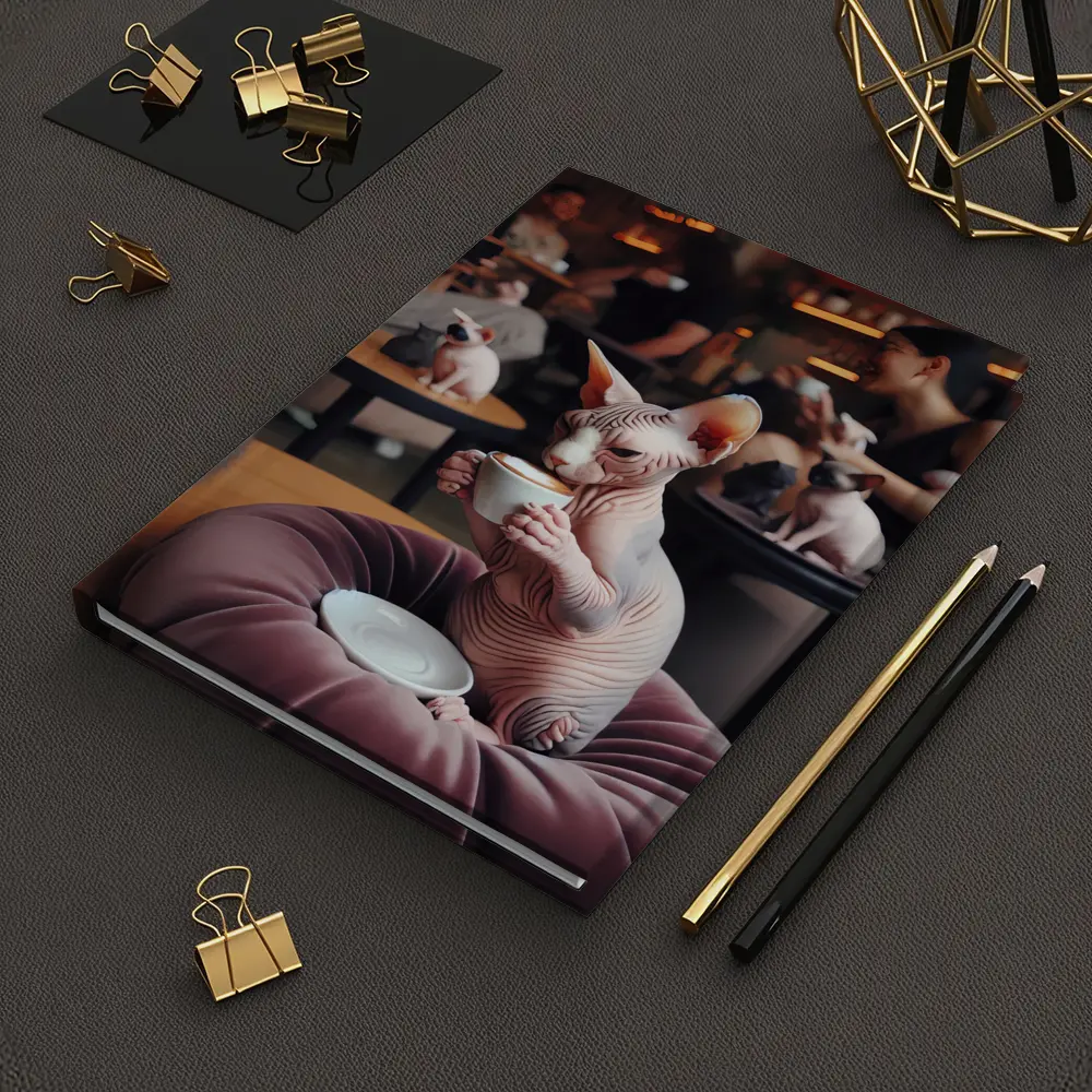 Sphynx Cat Drinking Coffee In Cafe – Notebooks