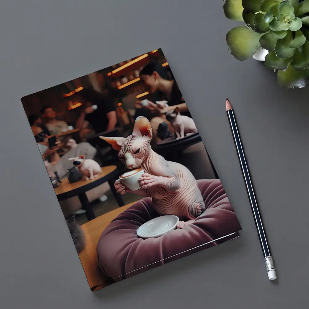 Sphynx Cat Drinking Coffee In Cafe – Notebooks