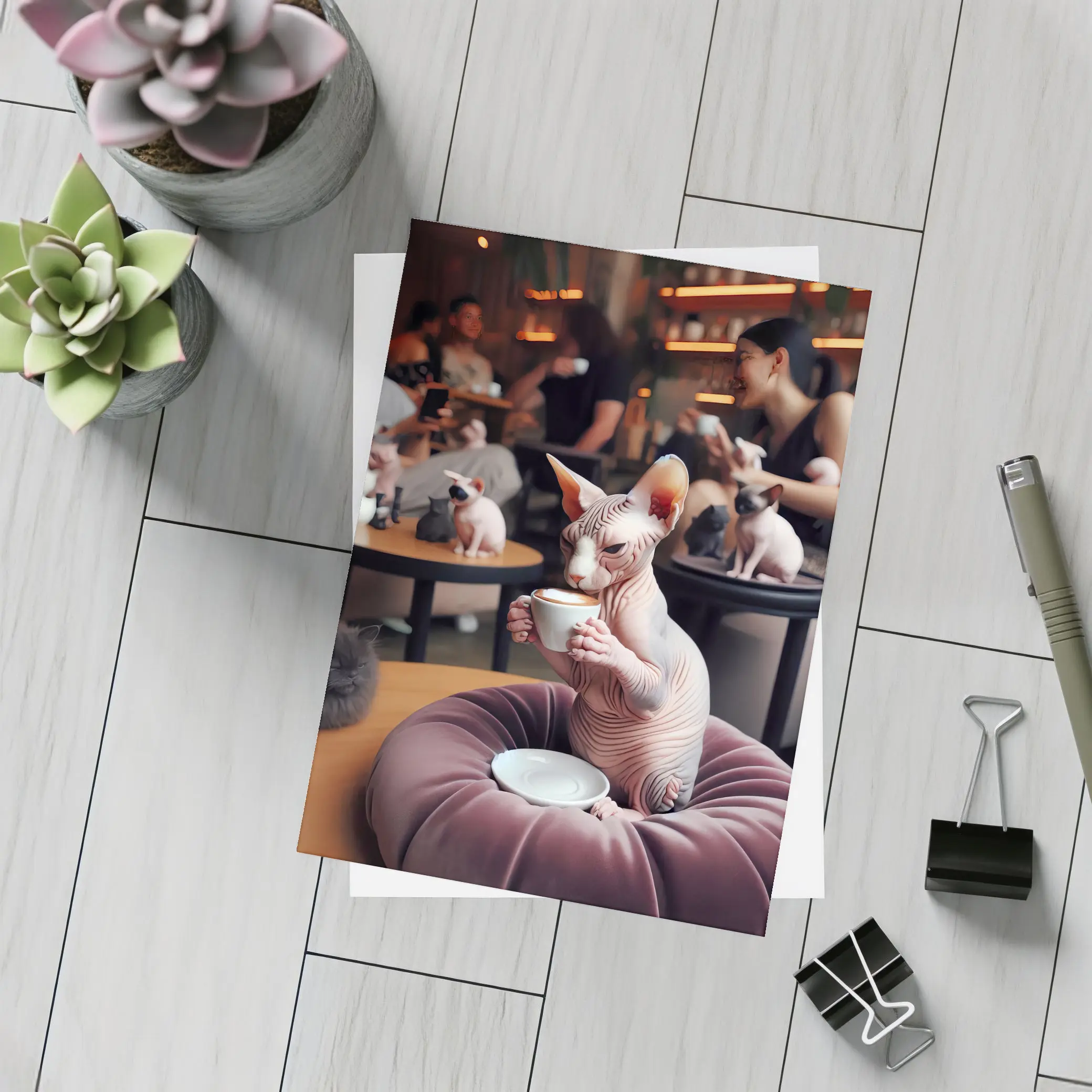 Sphynx Cat Drinking Coffee In Cafe – Postcards