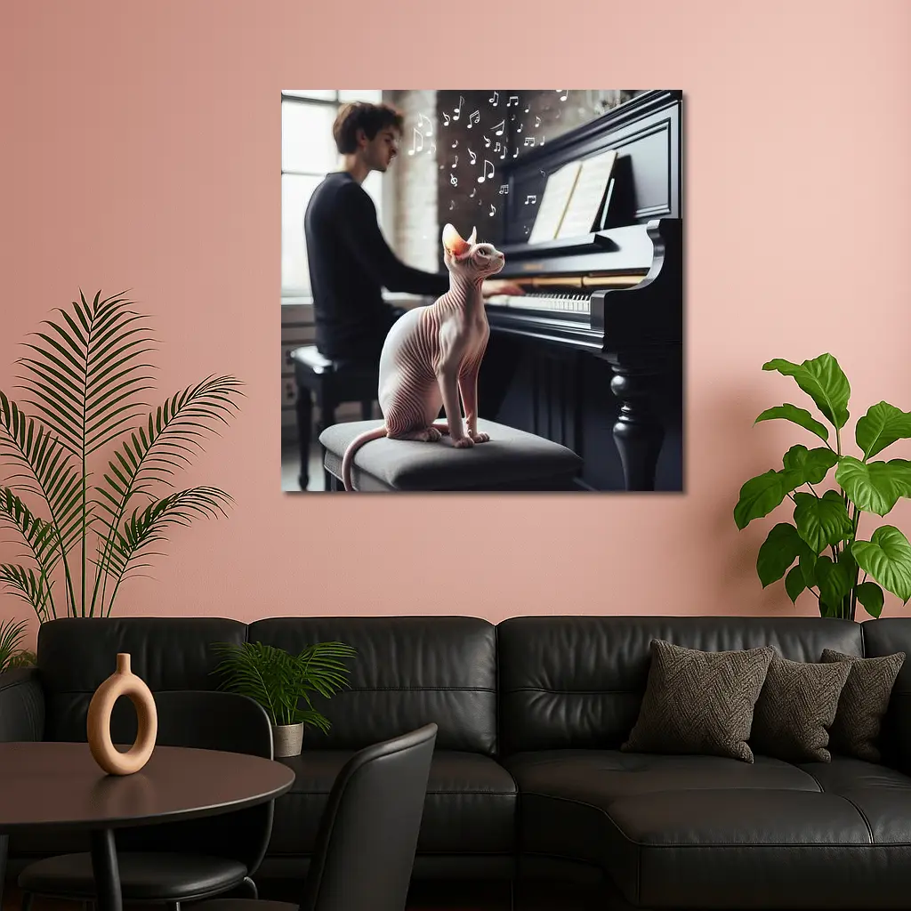 Sphynx Cat Listening to Piano Music – Wall Art