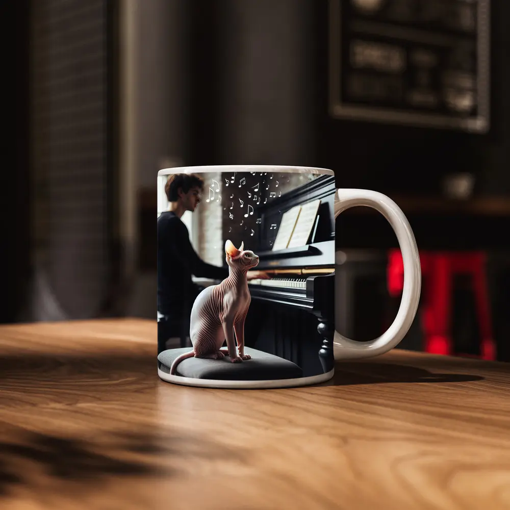 Sphynx Cat Listening to Piano Music – Mugs