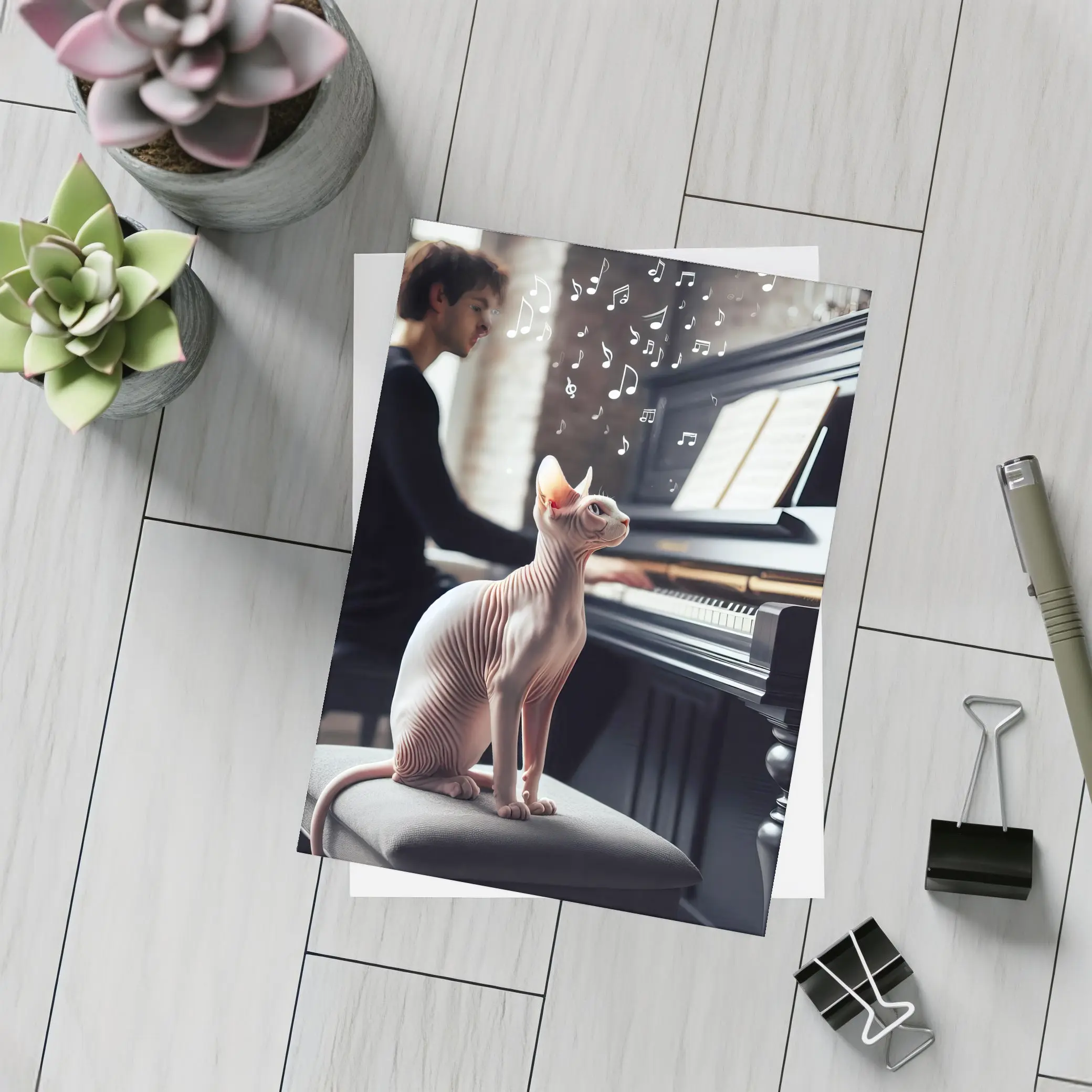 Sphynx Cat Listening to Piano Music – Postcards