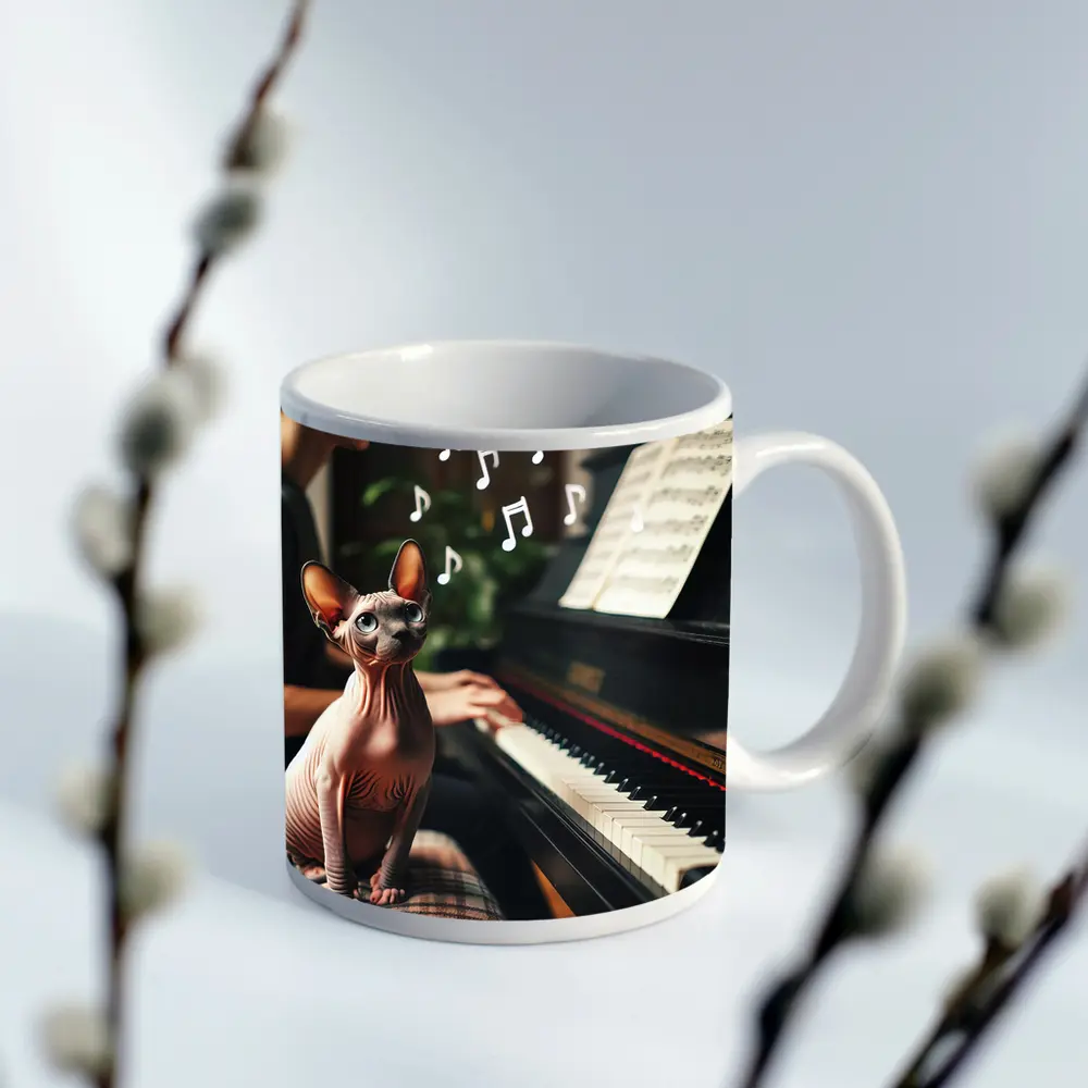 Sphynx Cat Listening To Piano Music – Mugs