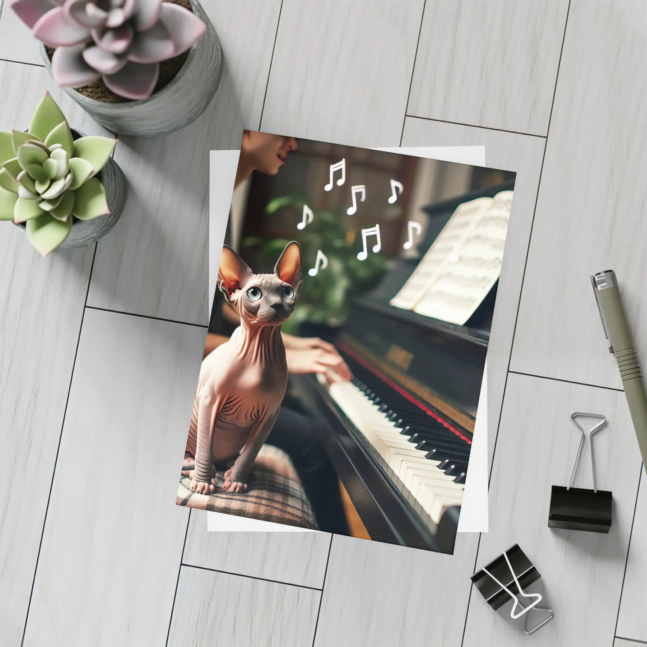 Sphynx Cat Listening To Piano Music – Postcards