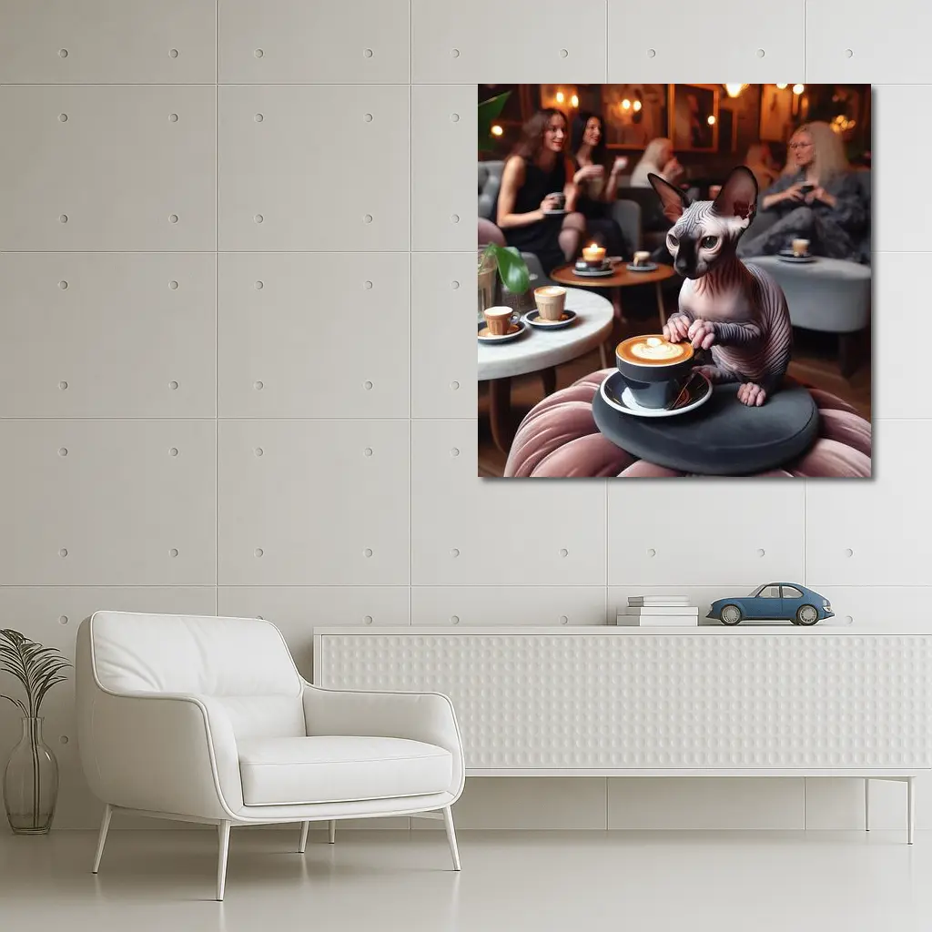 Sphynx Cat Enjoying Latte Coffee Shop – Wall Art