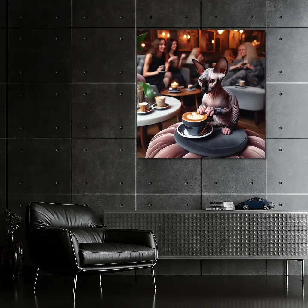 Sphynx Cat Enjoying Latte Coffee Shop – Wall Art