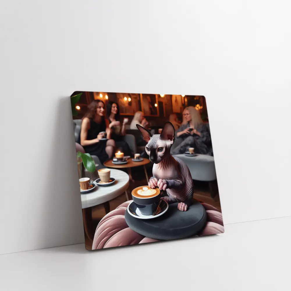 Sphynx Cat Enjoying Latte Coffee Shop – Wall Art