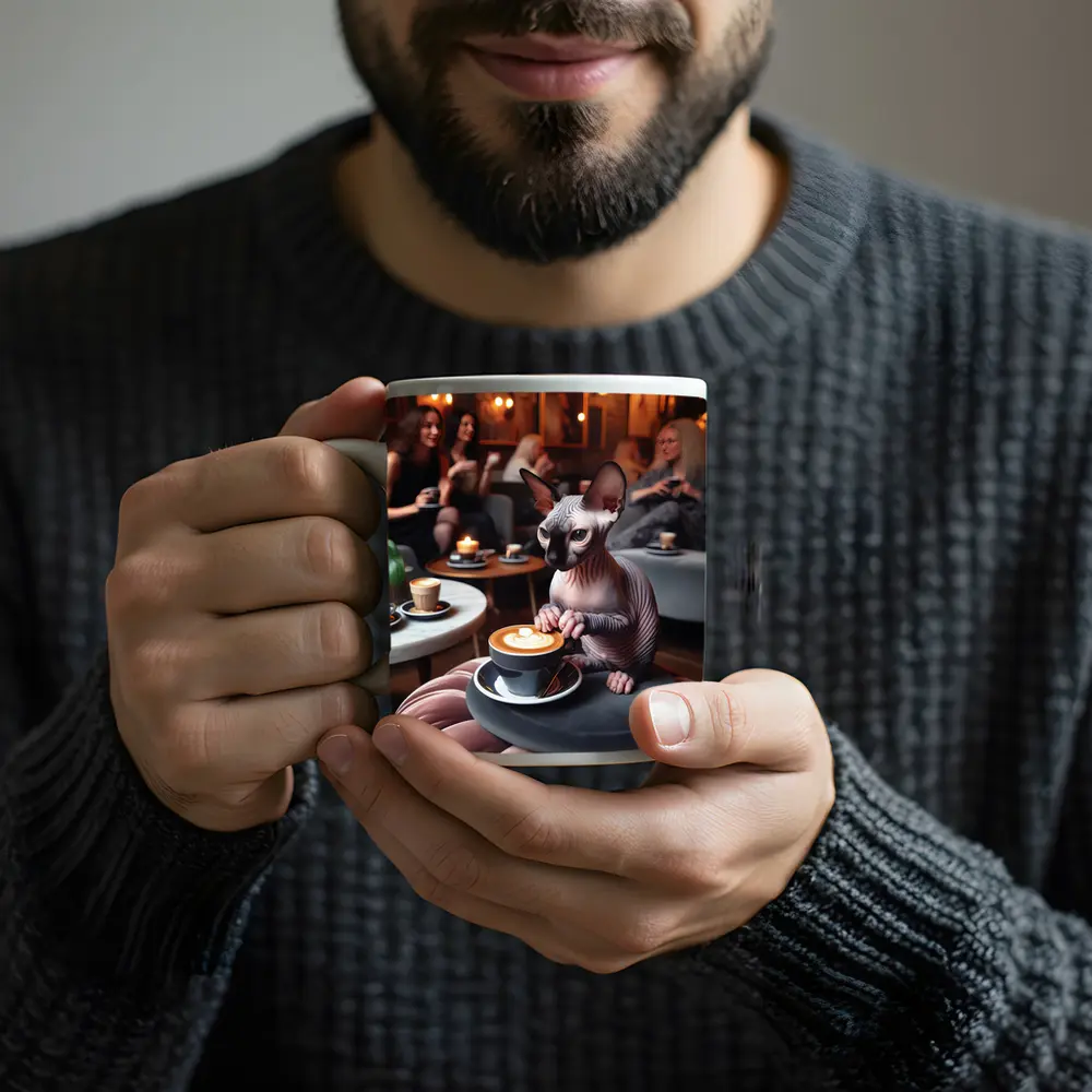 Sphynx Cat Enjoying Latte Coffee Shop – Mugs