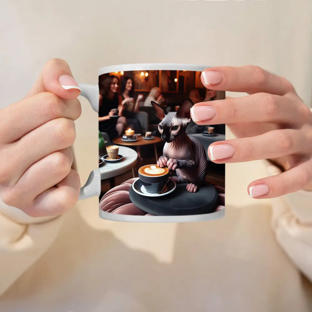 Sphynx Cat Enjoying Latte Coffee Shop – Mugs