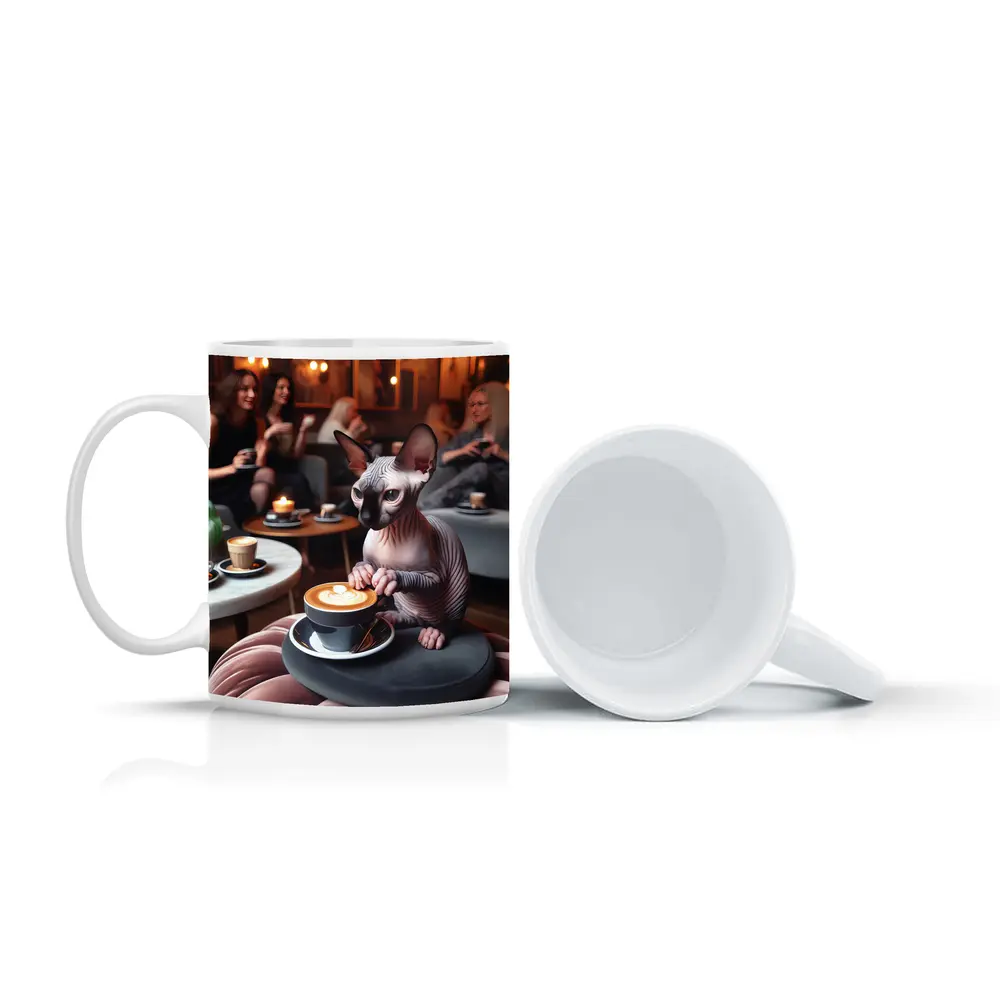 Sphynx Cat Enjoying Latte Coffee Shop – Mugs