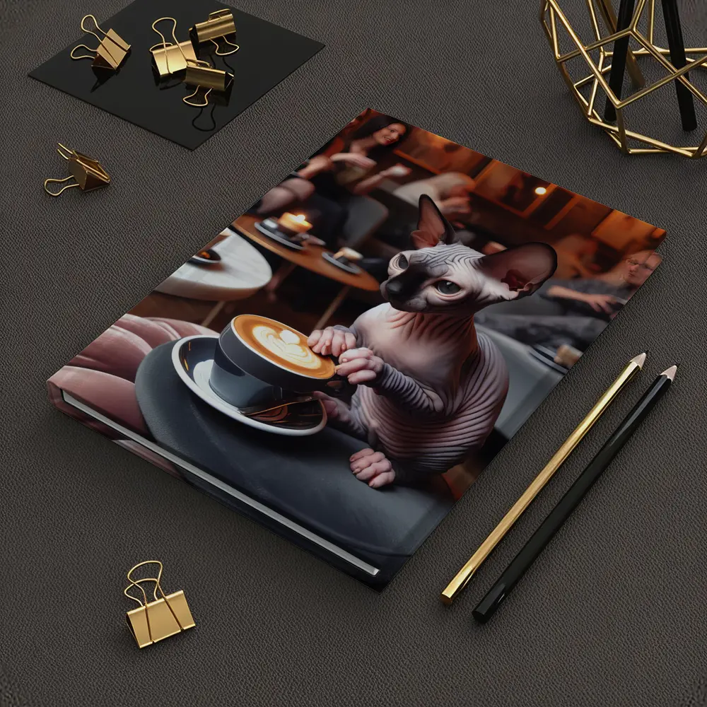 Sphynx Cat Enjoying Latte Coffee Shop – Notebooks