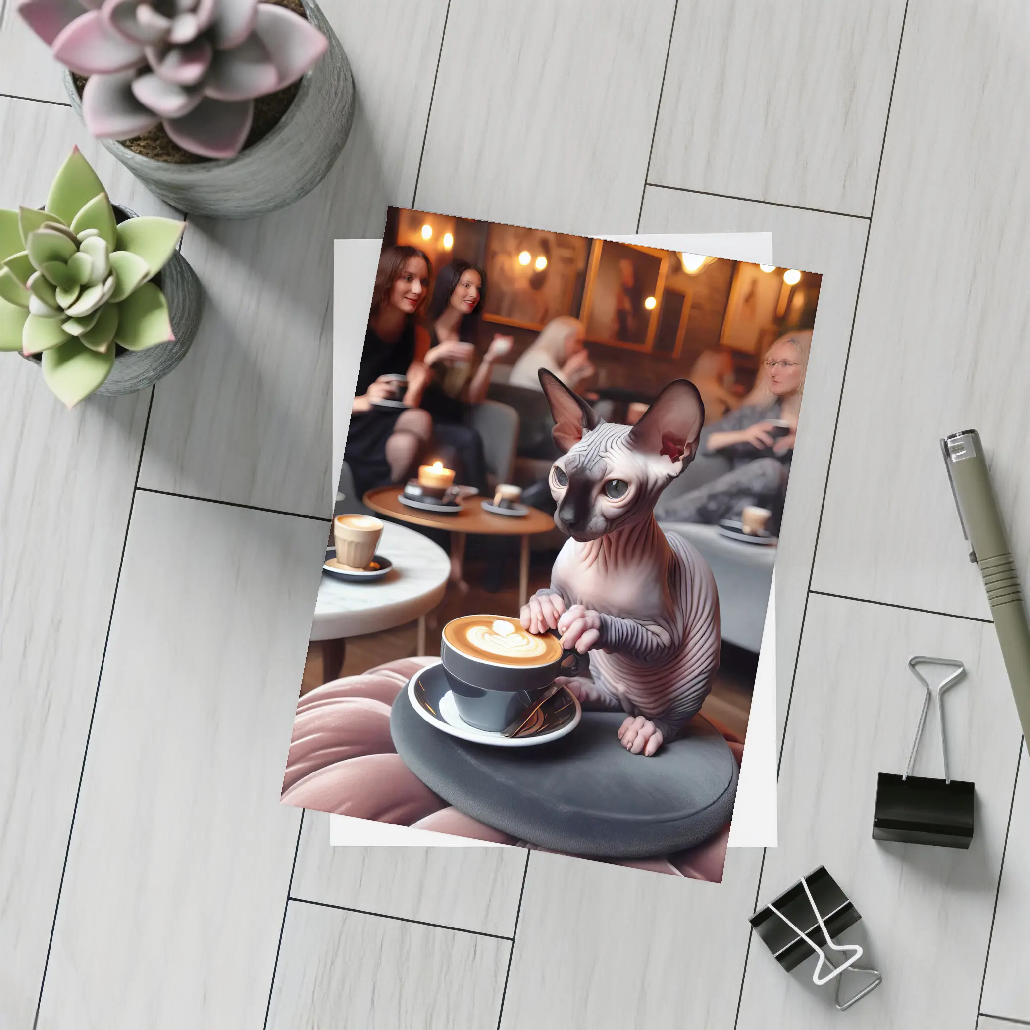 Sphynx Cat Enjoying Latte Coffee Shop – Postcards