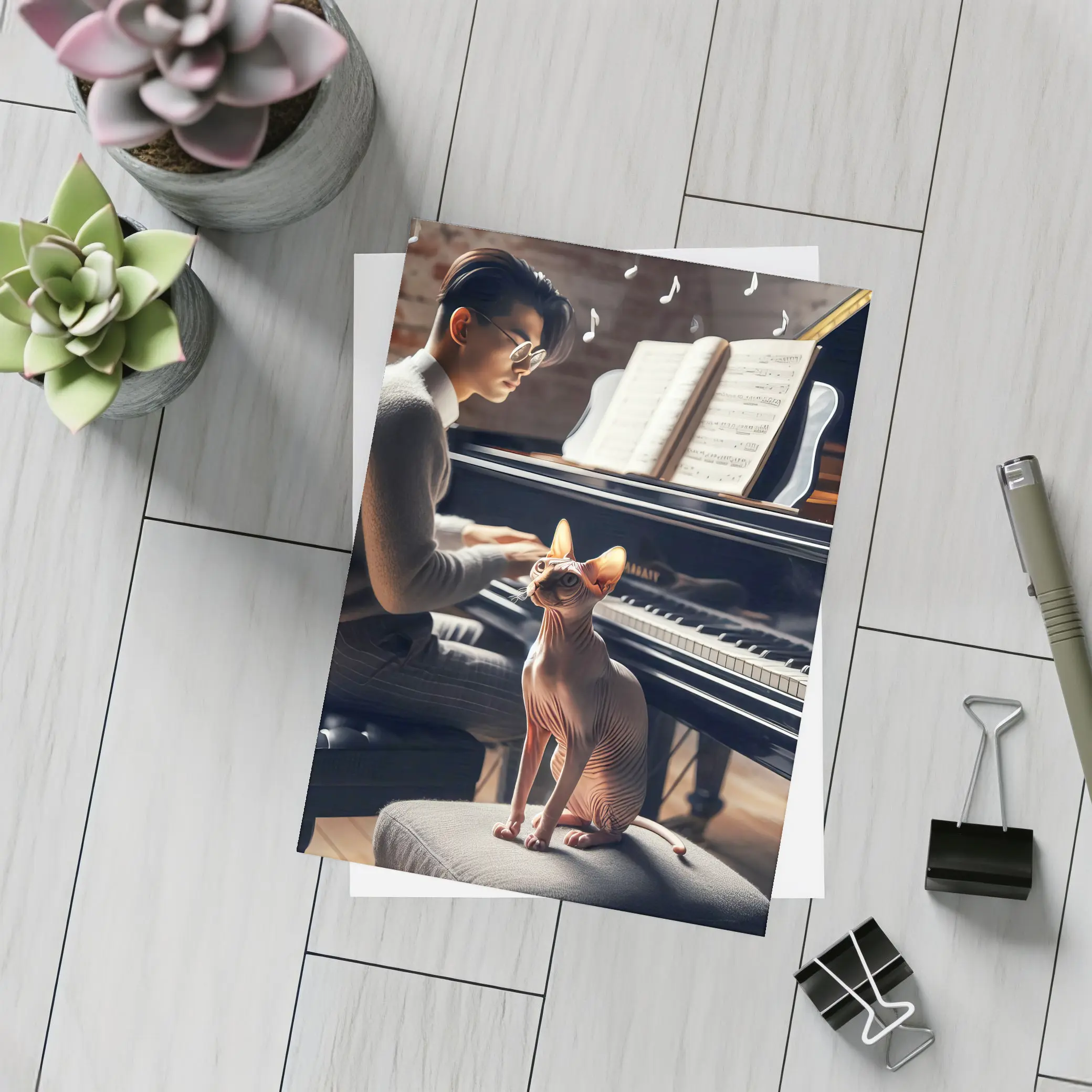 Sphynx Cat Listening To Piano Music – Postcards