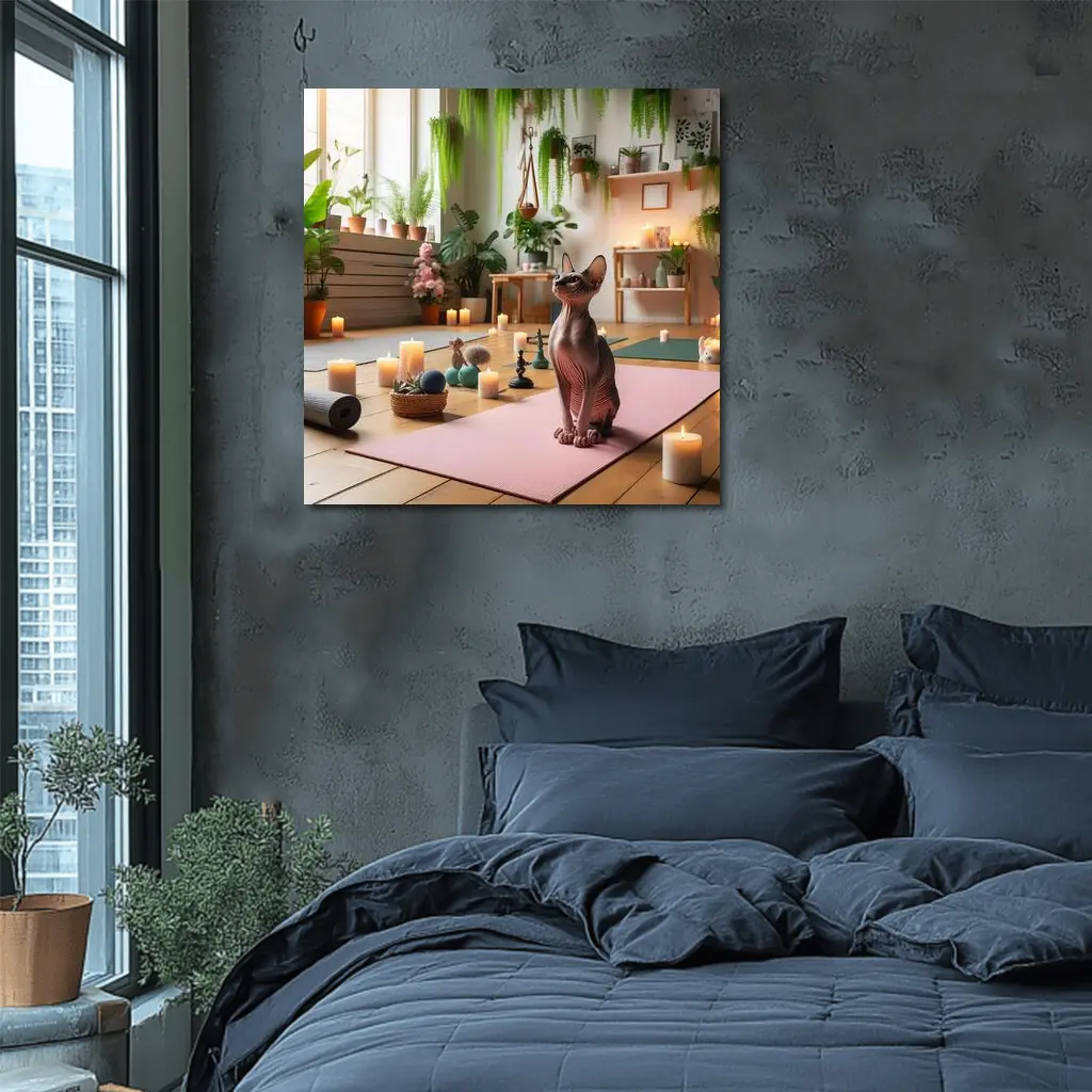 Sphynx Cat Sitting on Pink Yoga Mat – Wall Art