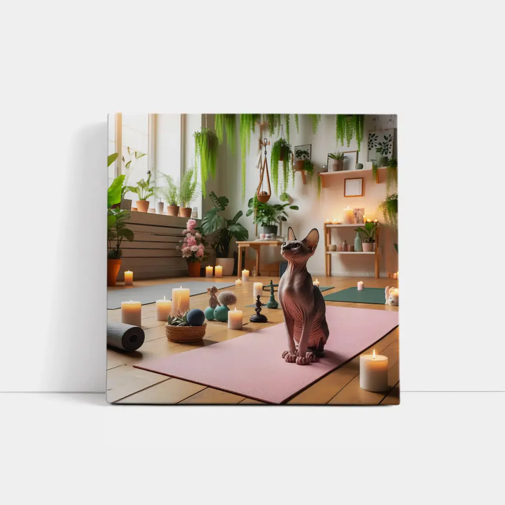 Sphynx Cat Sitting on Pink Yoga Mat – Wall Art