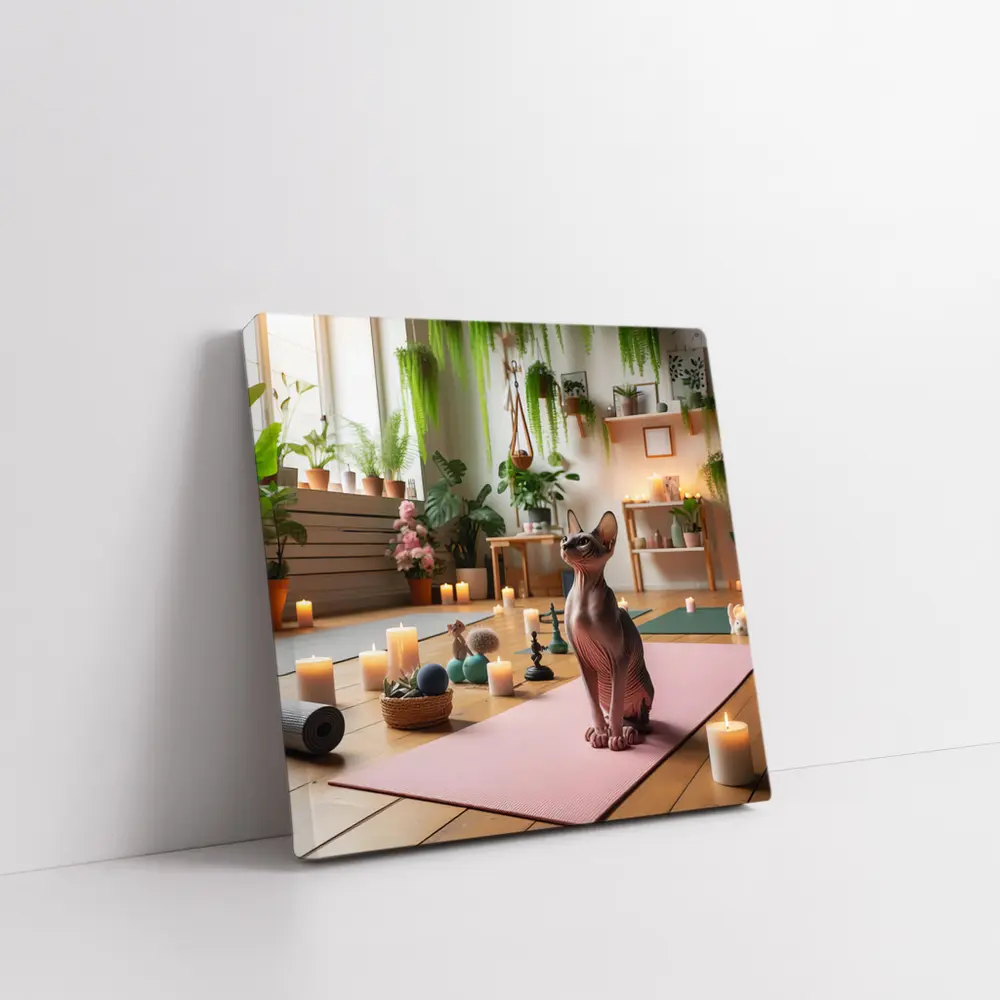 Sphynx Cat Sitting on Pink Yoga Mat – Wall Art