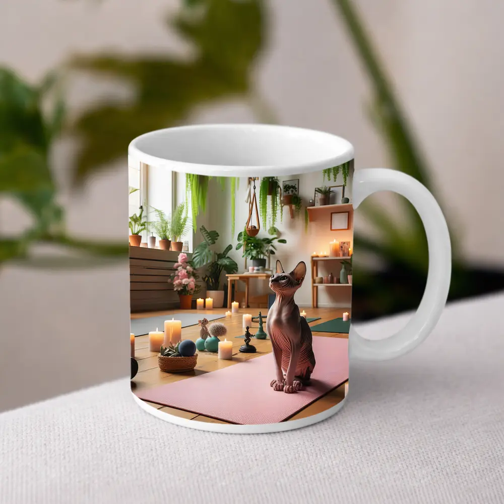 Sphynx Cat Sitting on Pink Yoga Mat – Mugs