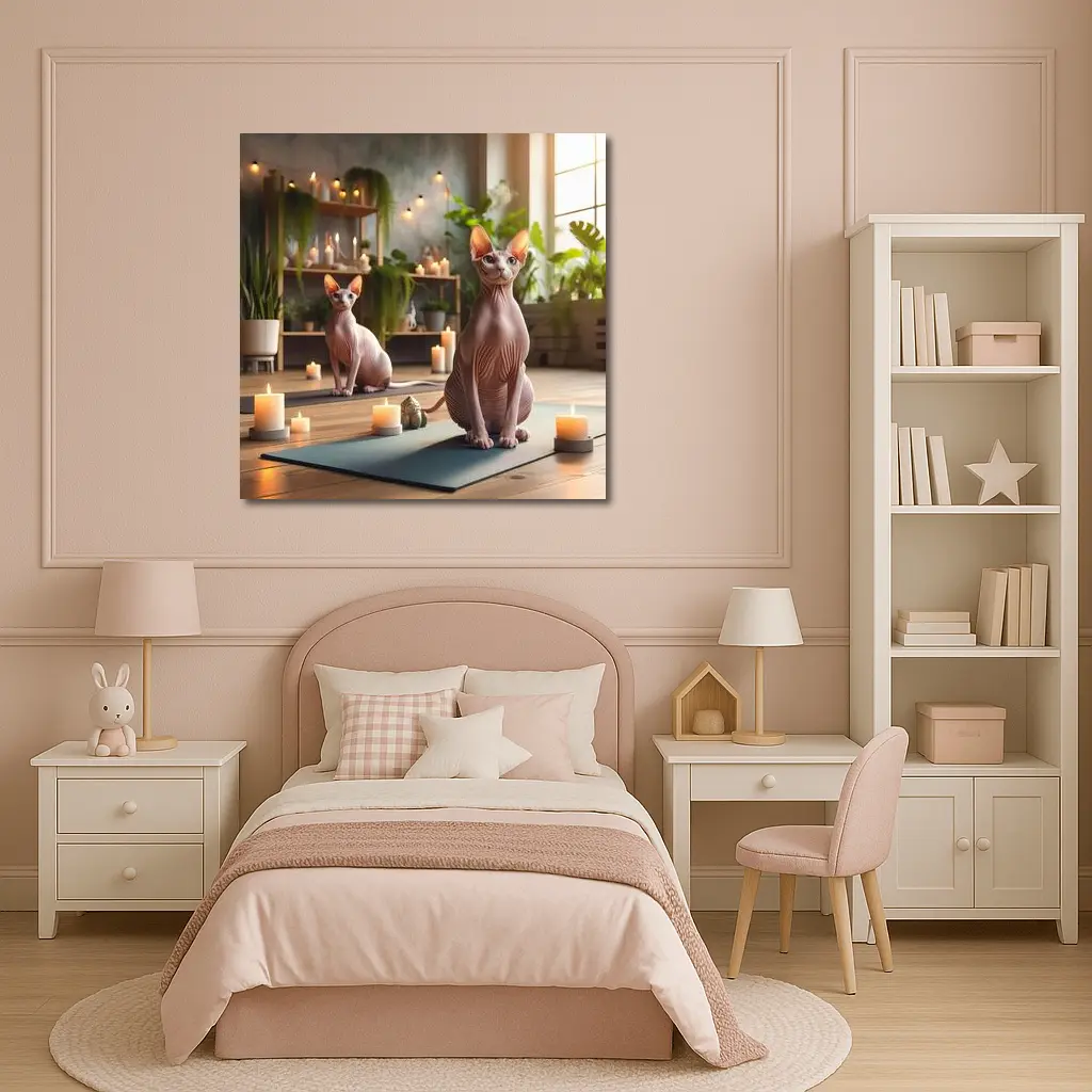 Sphynx Cats Relaxing in Cozy Yoga Studio – Wall Art