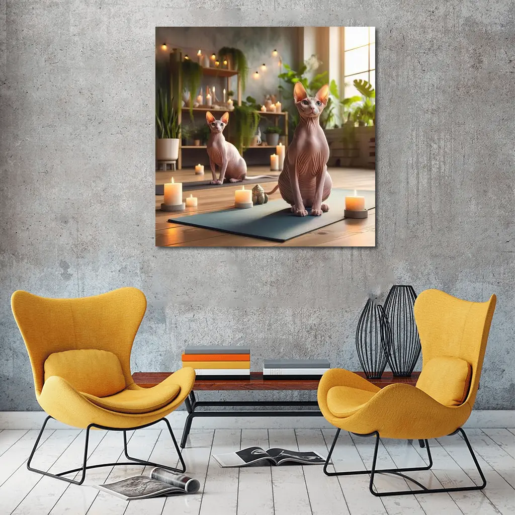 Sphynx Cats Relaxing in Cozy Yoga Studio – Wall Art