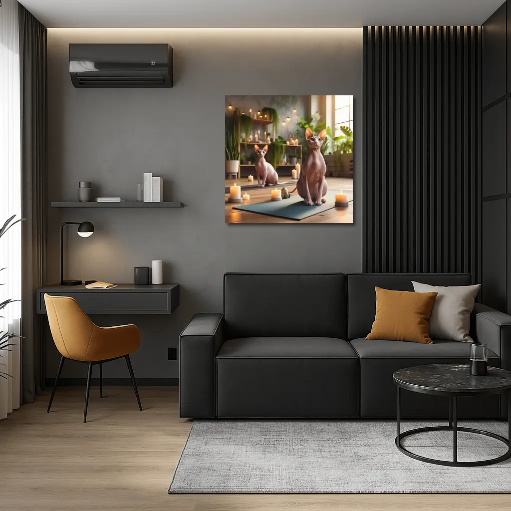 Sphynx Cats Relaxing in Cozy Yoga Studio – Wall Art