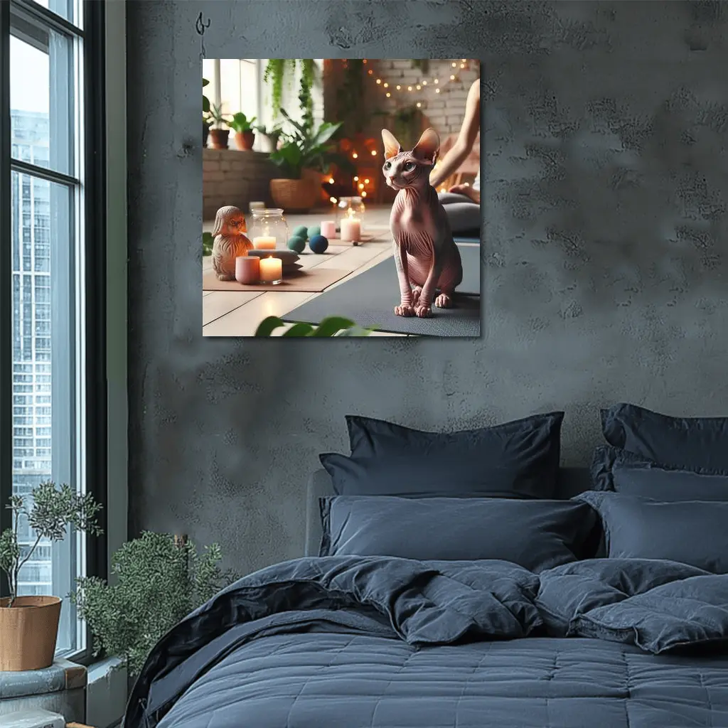 Sphynx Cat Sitting on Yoga Mat – Wall Art