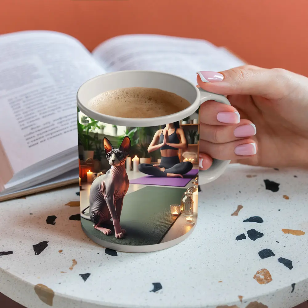Sphynx Cat Sitting on Yoga Mat – Mugs