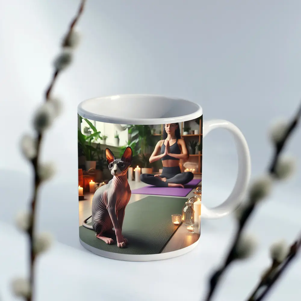 Sphynx Cat Sitting on Yoga Mat – Mugs