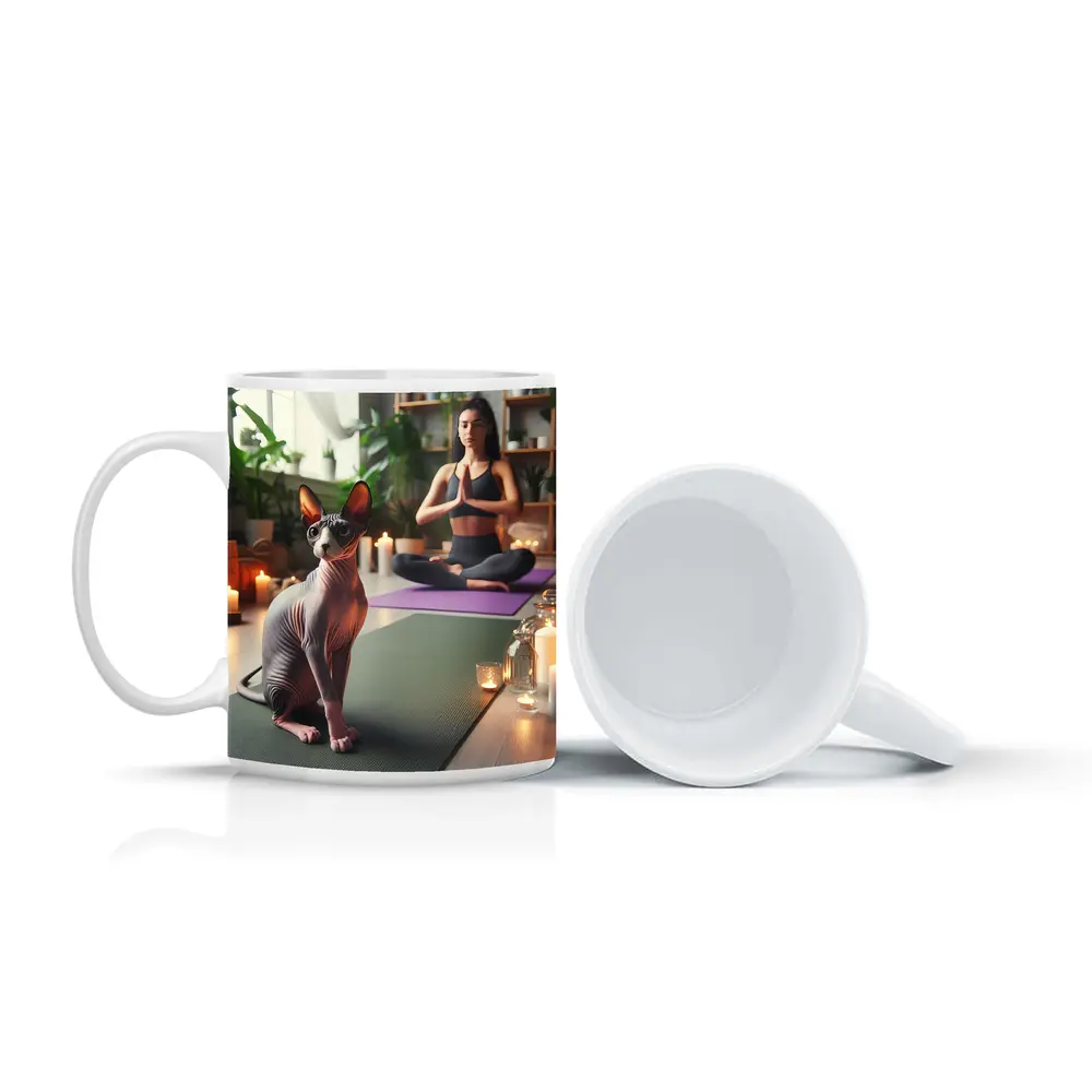 Sphynx Cat Sitting on Yoga Mat – Mugs