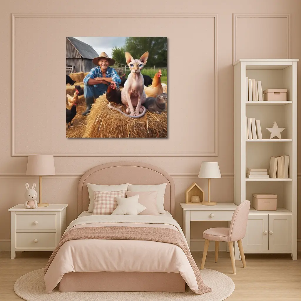 Sphynx Cat Sitting on Hay Bale Farm – Wall Art