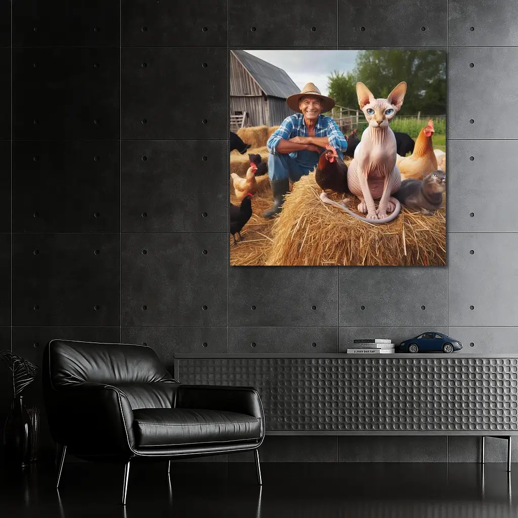 Sphynx Cat Sitting on Hay Bale Farm – Wall Art