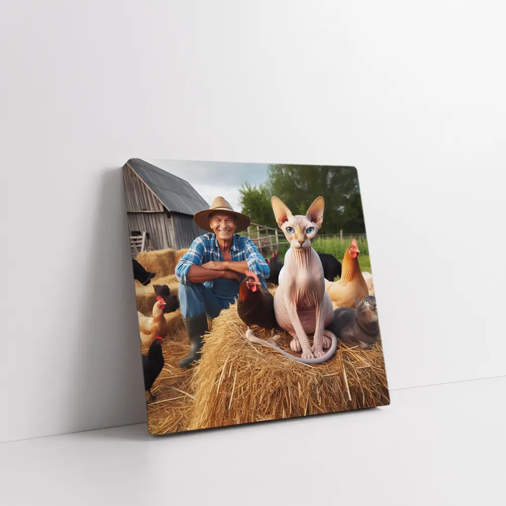 Sphynx Cat Sitting on Hay Bale Farm – Wall Art