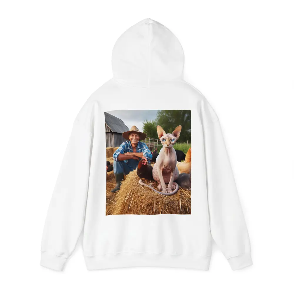 Sphynx Cat Sitting on Hay Bale Farm – Hoodies