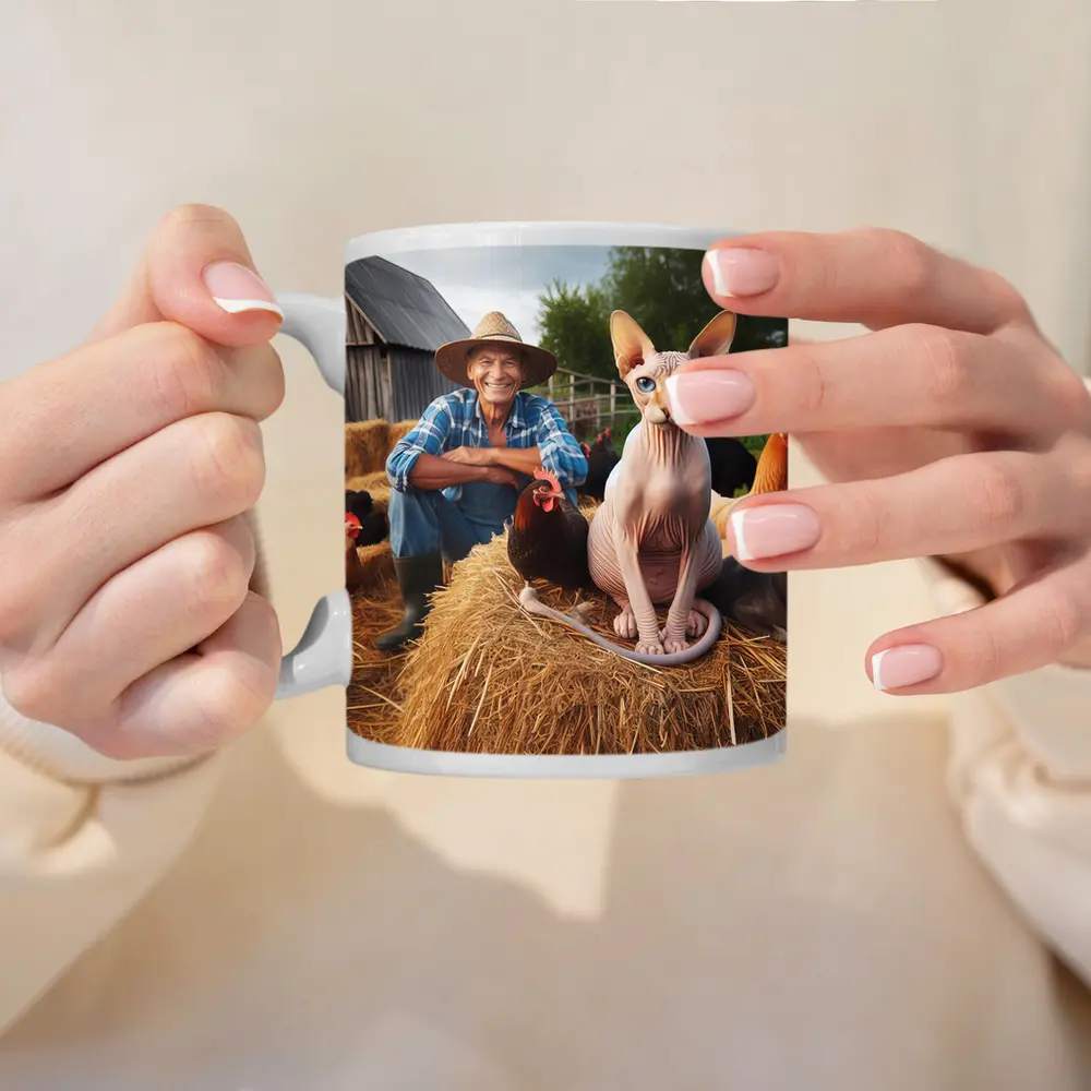 Sphynx Cat Sitting on Hay Bale Farm – Mugs